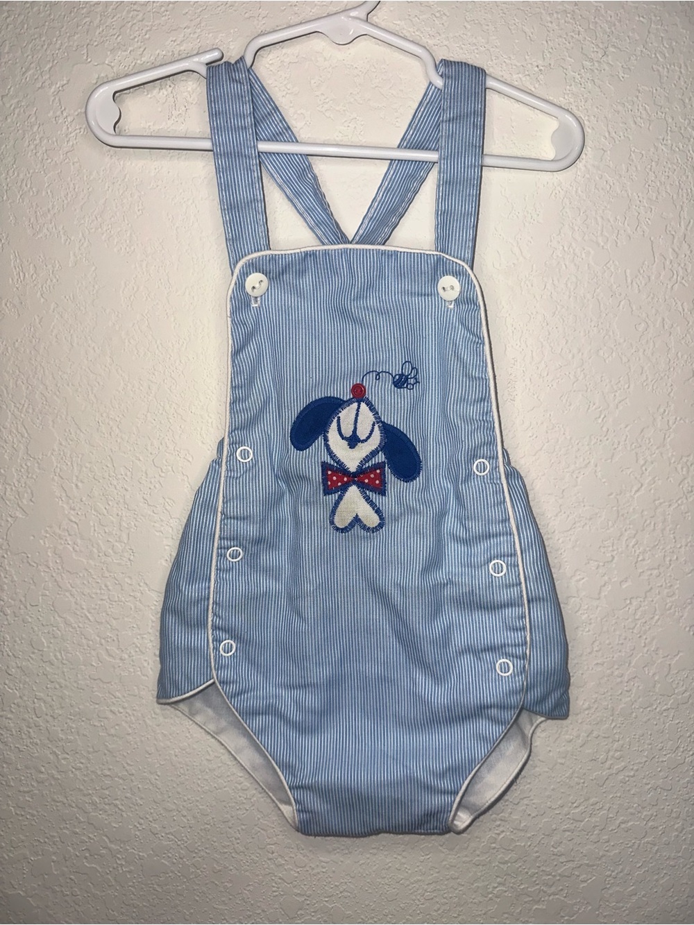 Vintage Healthtex Blue Pinstripe Baby Romper with Puppy Applique Size 24 Months